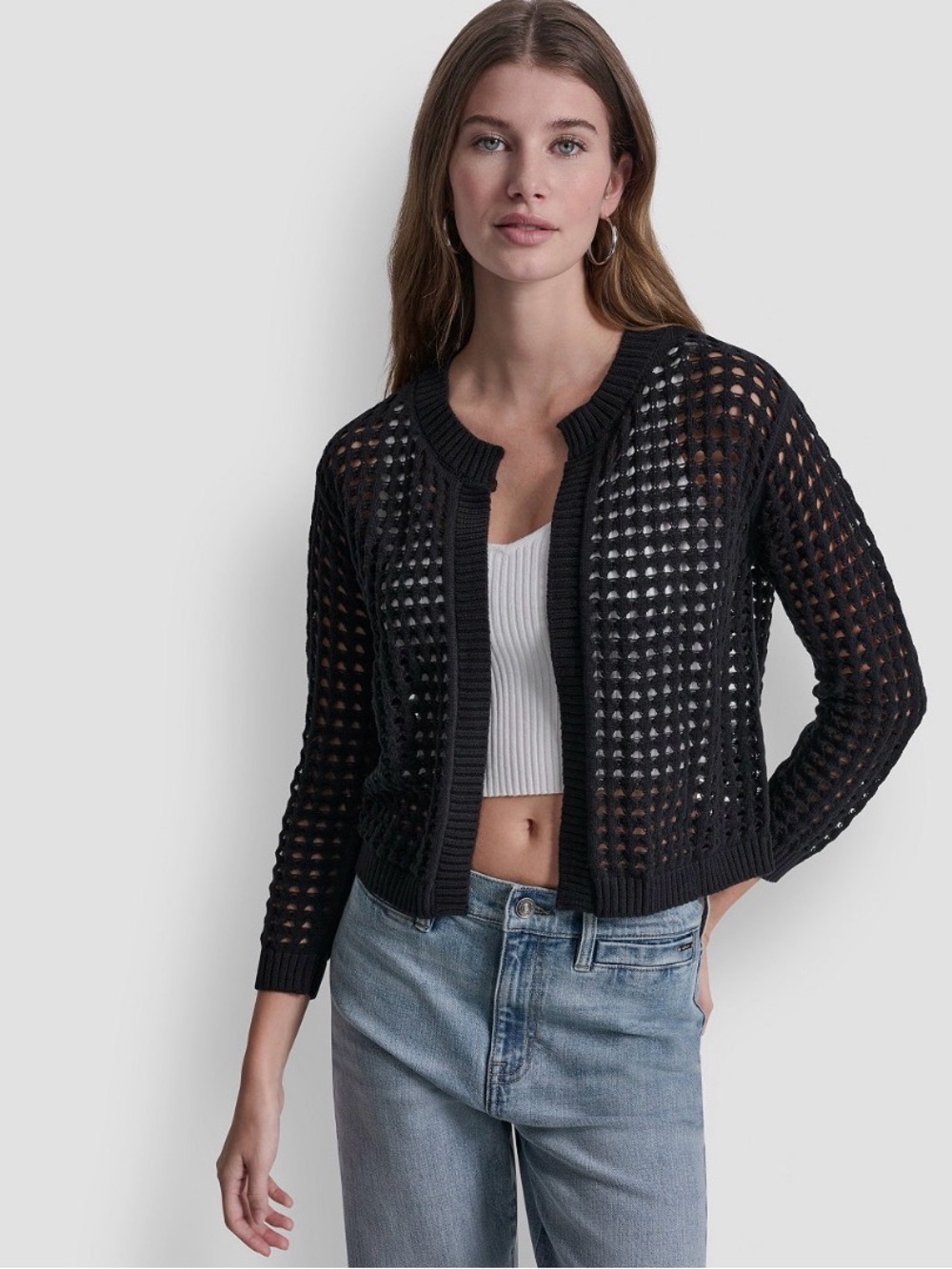 Vince Camuto Black Open-Weave Cropped Cardigan